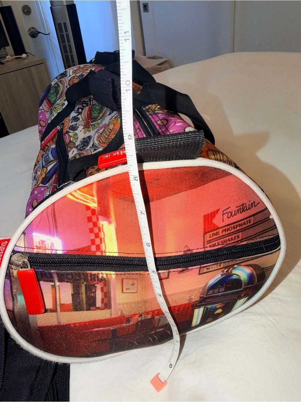 Food-Print Duffel Bag in Pink, White & Multicolor - Fashion Travel Tote